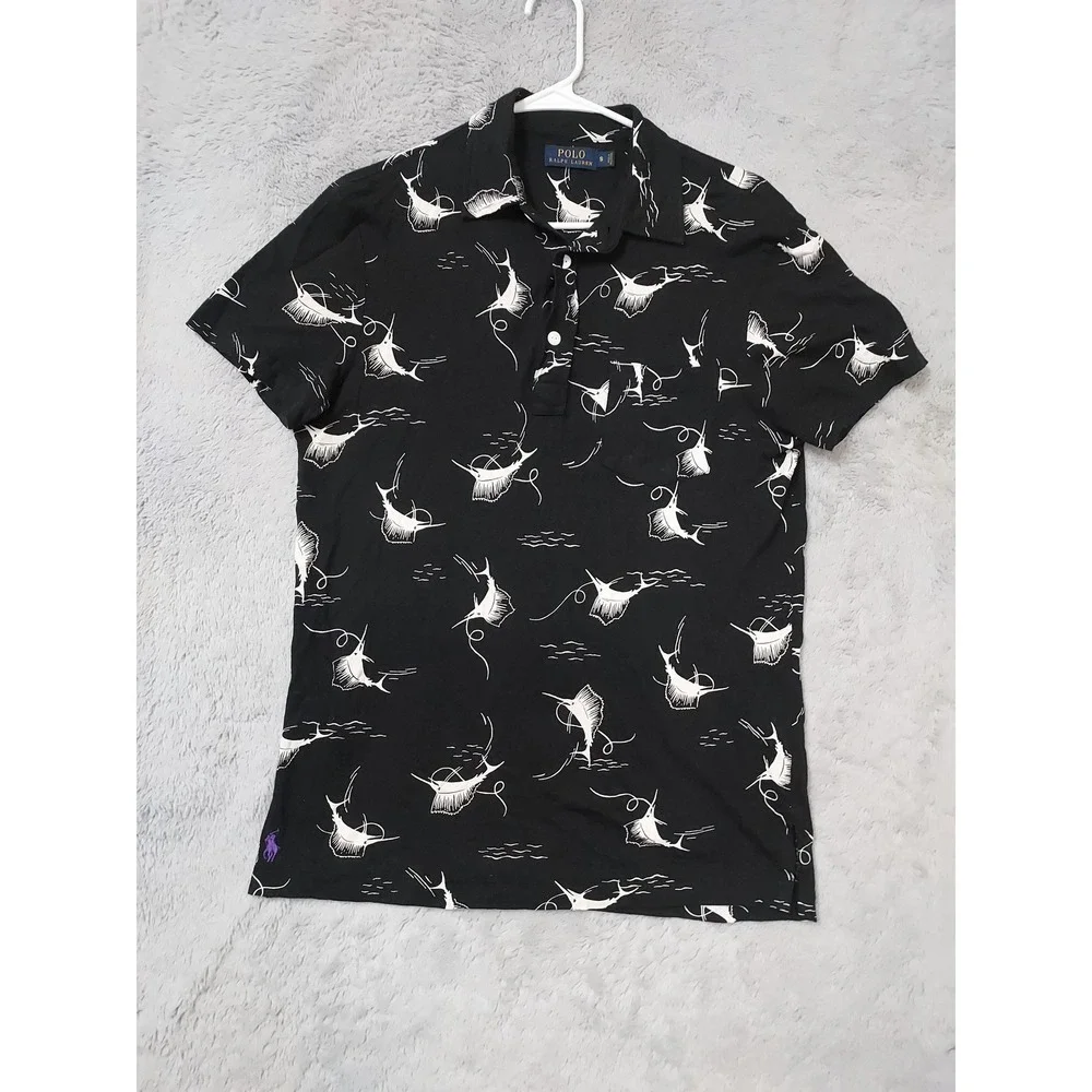 Polo Ralph Lauren Polo Shirt Mens Small Marlin Fish Print Linen Blend Black READ